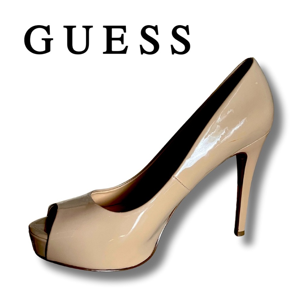 Guess women’s peep toe light beige / cream patent vegan leather platform heels